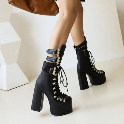 Pu Leather Square Toe Rivets Lace Up Buckle Straps Block Chunky Heel Platform Ankle Boots for Women