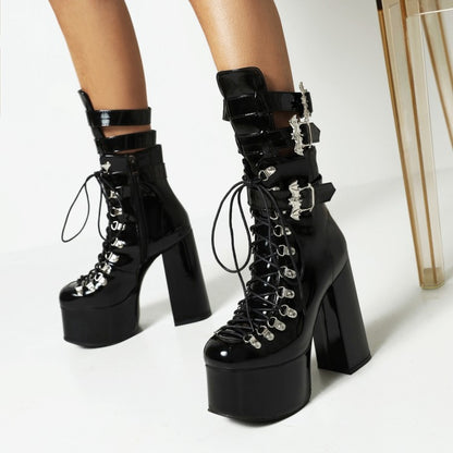 Pu Leather Square Toe Rivets Lace Up Buckle Straps Block Chunky Heel Platform Ankle Boots for Women