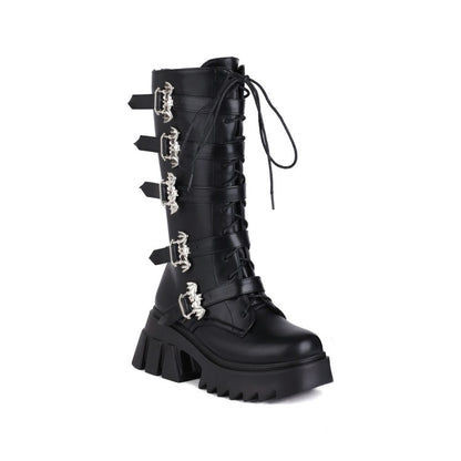 Pu Leather Round Toe Lace Up Buckle Straps Block Chunky Heel Platform Riding Mid-calf Boots for Women