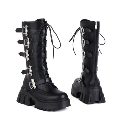 Pu Leather Round Toe Lace Up Buckle Straps Block Chunky Heel Platform Riding Mid-calf Boots for Women