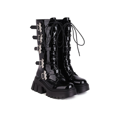 Pu Leather Round Toe Lace Up Buckle Straps Block Chunky Heel Platform Riding Mid-calf Boots for Women