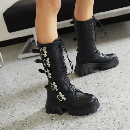 Pu Leather Round Toe Lace Up Buckle Straps Block Chunky Heel Platform Riding Mid-calf Boots for Women