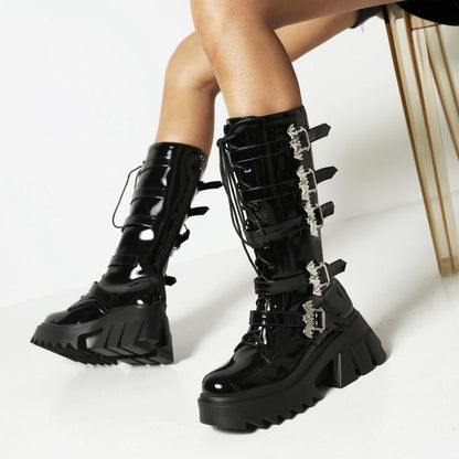 Pu Leather Round Toe Lace Up Buckle Straps Block Chunky Heel Platform Riding Mid-calf Boots for Women