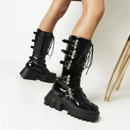 Pu Leather Round Toe Lace Up Buckle Straps Block Chunky Heel Platform Riding Mid-calf Boots for Women