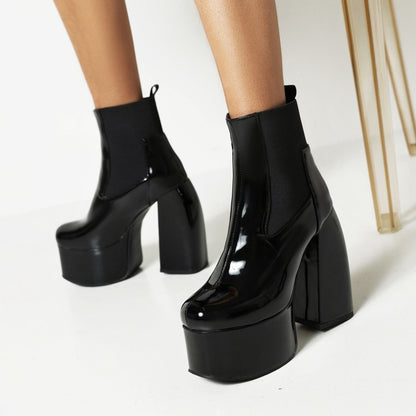 Glossy Stretch Block Chunky Heel Platform Ankle Boots for Women