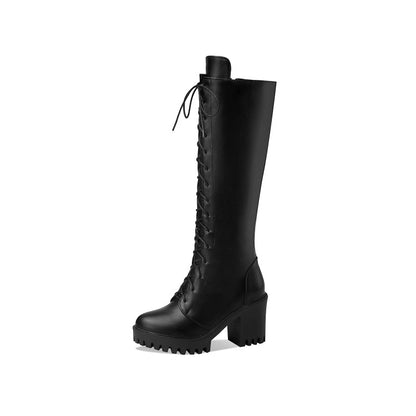 Lace Up Block Heel Platform Mid Calf Boots for Women