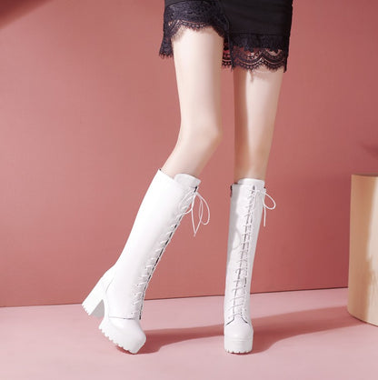 Lace Up Block Heel Platform Mid Calf Boots for Women