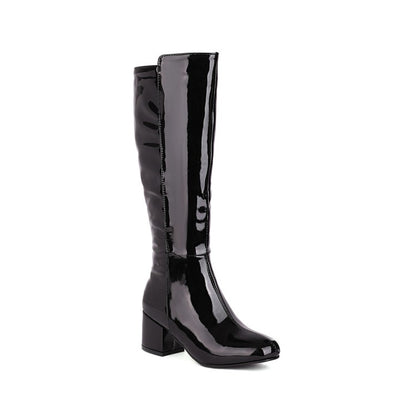 Glossy Side Zippers Block Heel Knee High Boots for Women