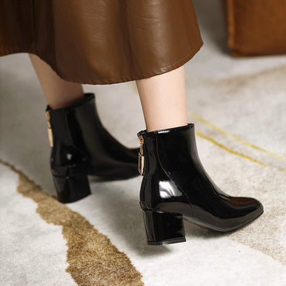 Round Toe Back Zippers Block Chunky Heel Short Boots for Women