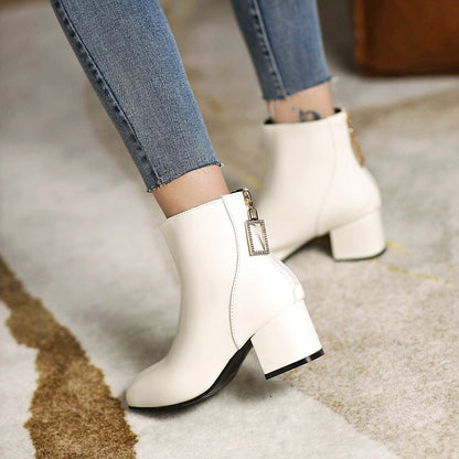 Round Toe Back Zippers Block Chunky Heel Short Boots for Women