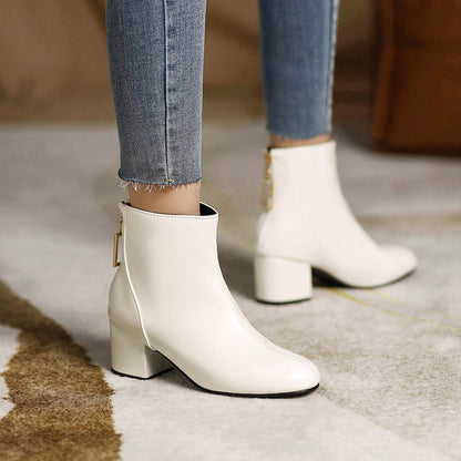 Round Toe Back Zippers Block Chunky Heel Short Boots for Women