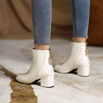 Round Toe Back Zippers Block Chunky Heel Short Boots for Women