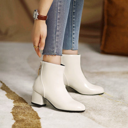 Round Toe Back Zippers Block Chunky Heel Short Boots for Women