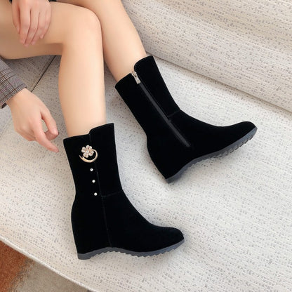 Flock Round Toe Metal Rhinestone Side Zippers Inside Heighten Platform Ankle Boots for Women