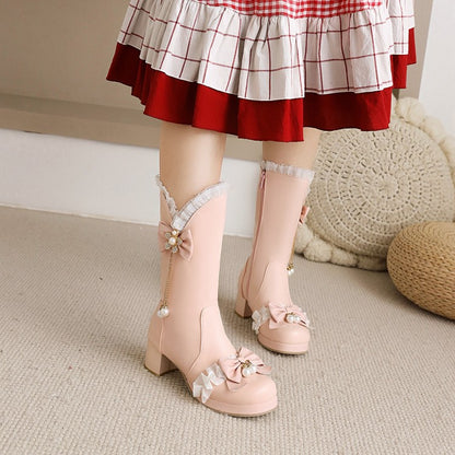 Pearls Lace Bow Tie Block Chunky Heel Platform Knee-High Boots for Women