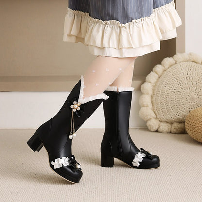 Pearls Lace Bow Tie Block Chunky Heel Platform Knee-High Boots for Women