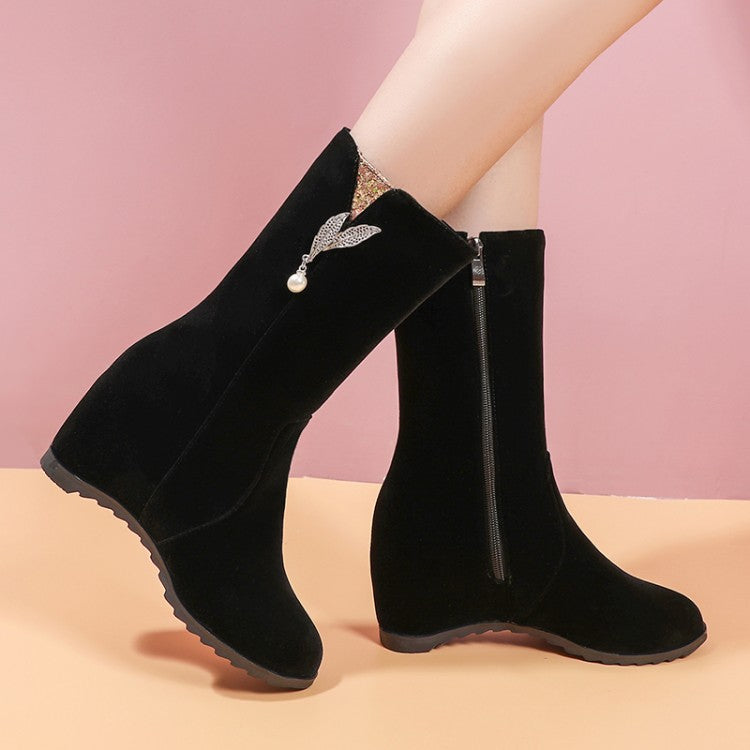 Flock Round Toe Rhinestone Pearls Inside Heighten Ankle Boots for Women