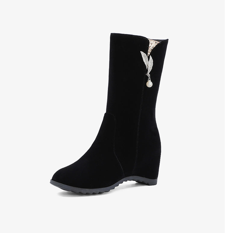 Flock Round Toe Rhinestone Pearls Inside Heighten Ankle Boots for Women