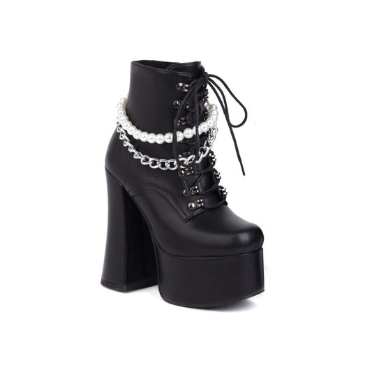 Pu Leather Round Toe Pearls Metal Chains Lace Up Block Chunky Heel Platform Ankle Boots for Women