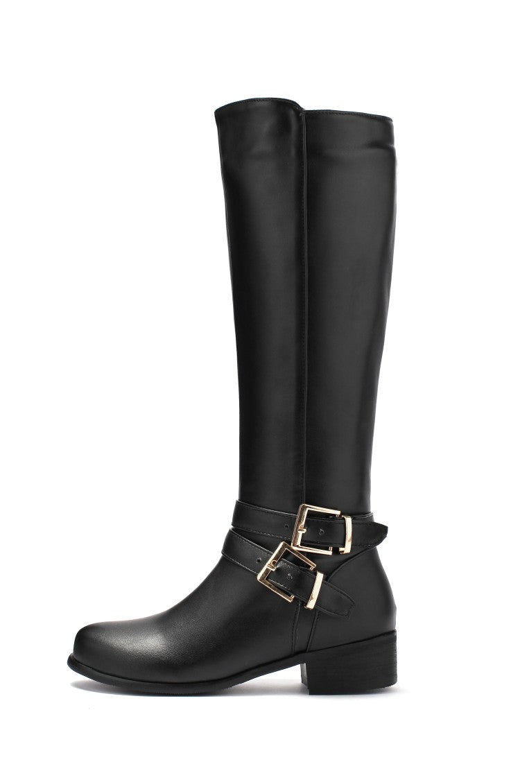 Ladies Buckle Belt Low Heel Knee High Boots