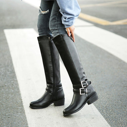 Ladies Buckle Belt Low Heel Knee High Boots