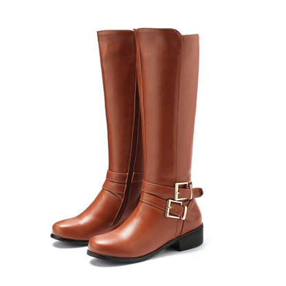 Ladies Buckle Belt Low Heel Knee High Boots