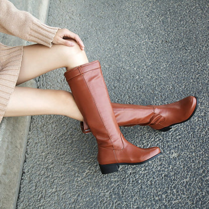 Ladies Buckle Belt Heel Knee High Boots