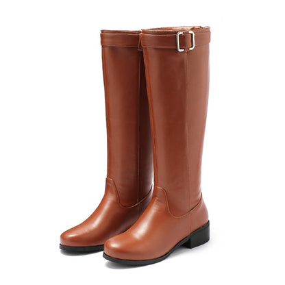 Ladies Buckle Belt Heel Knee High Boots