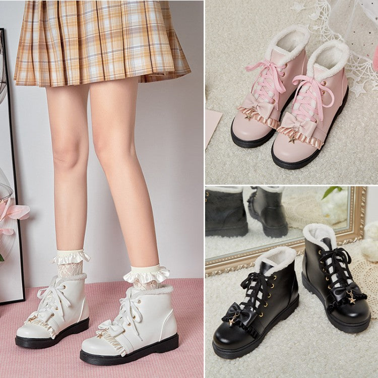 Lolita Bow Tie Lace Up Flat Ankle Boots for Women