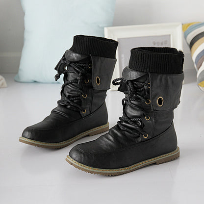 Ladies Pu Leather Stitching Patchwork Lace Up Flat Short Boots