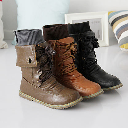 Ladies Pu Leather Stitching Patchwork Lace Up Flat Short Boots