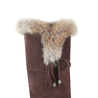 Ladies Suede Stitching Patchwork Side Tied Fur Flat Knee High Boots