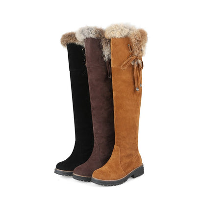 Ladies Suede Stitching Patchwork Side Tied Fur Flat Knee High Boots