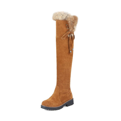 Ladies Suede Stitching Patchwork Side Tied Fur Flat Knee High Boots