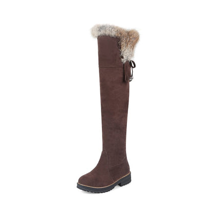 Ladies Suede Stitching Patchwork Side Tied Fur Flat Knee High Boots