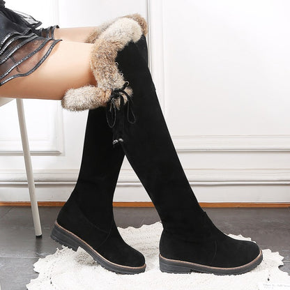 Ladies Suede Stitching Patchwork Side Tied Fur Flat Knee High Boots