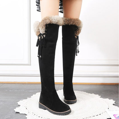 Ladies Suede Stitching Patchwork Side Tied Fur Flat Knee High Boots