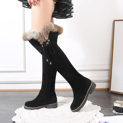 Ladies Suede Stitching Patchwork Side Tied Fur Flat Knee High Boots