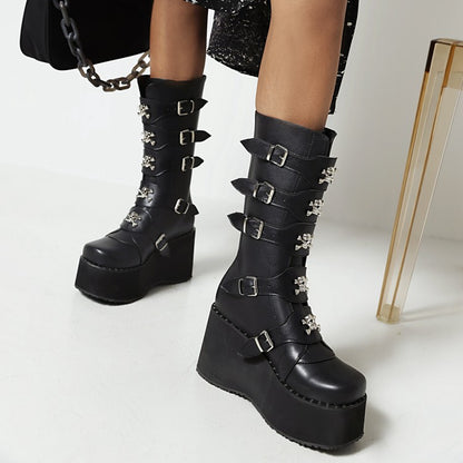 Ladies Metal Buckle Platform Wedge Heel Mid Calf Boots