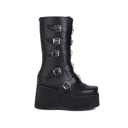 Ladies Metal Buckle Platform Wedge Heel Mid Calf Boots