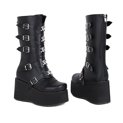 Ladies Metal Buckle Platform Wedge Heel Mid Calf Boots