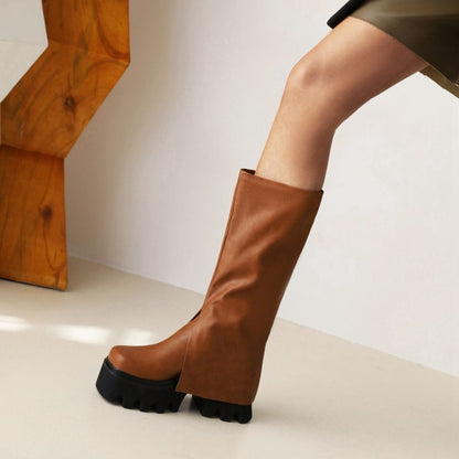 Ladies Pu Leather Round Toe Fold Block Heel Platform Knee High Boots