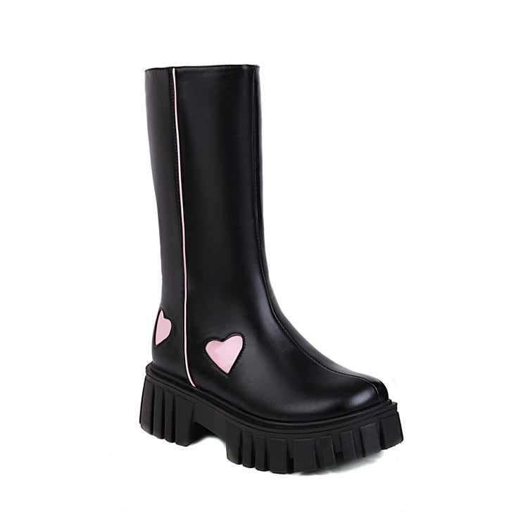 Ladies Pu Leather Square Toe Side Zippers Love Hearts Platform Short Boots