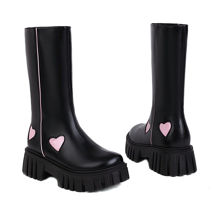 Ladies Pu Leather Square Toe Side Zippers Love Hearts Platform Short Boots