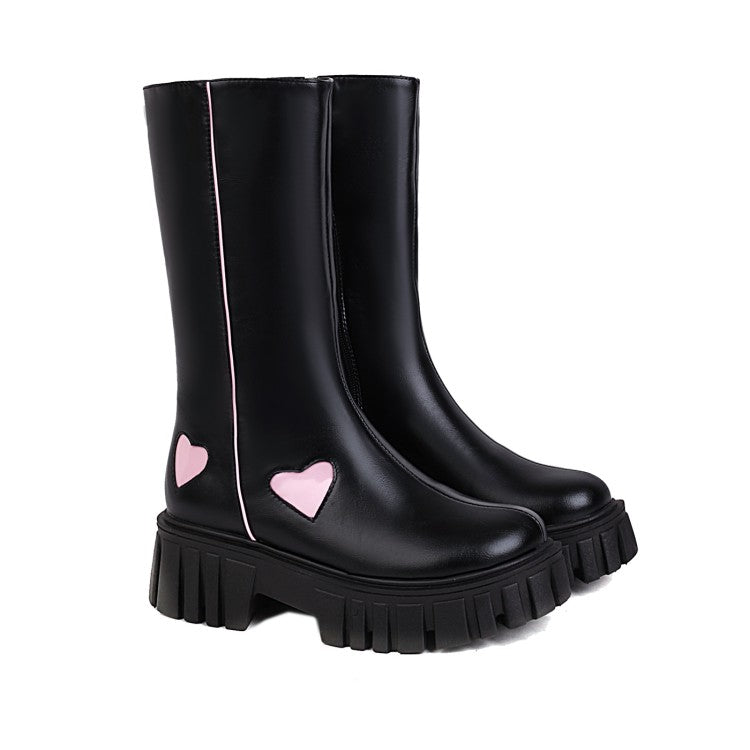 Ladies Pu Leather Square Toe Side Zippers Love Hearts Platform Short Boots