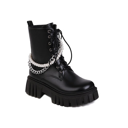 Ladies Glossy Tied Belts Pearls Metal Chains Platform Short Boots