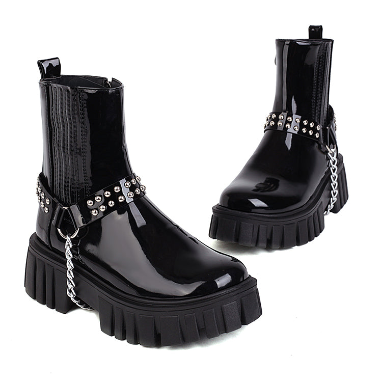 Ladies Glossy Square Toe Rivets Belts Metal Chains Platform Short Boots