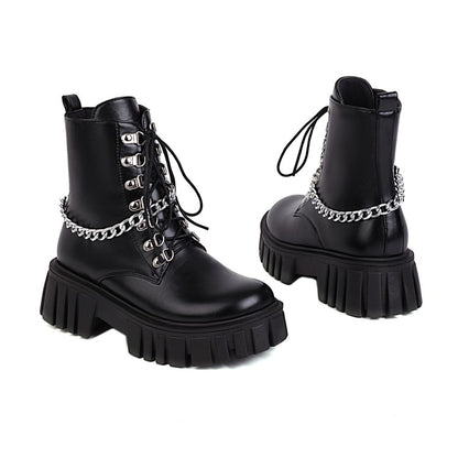 Ladies Pu Leather Metal Chains Lace Up Belts Platform Short Boots