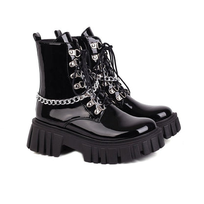 Ladies Pu Leather Metal Chains Lace Up Belts Platform Short Boots