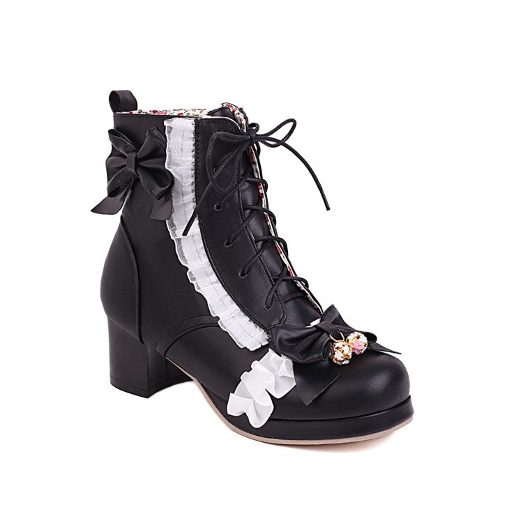 Lace Bow Tie Pearls Block Chunky Heel Ankle Boots for Women